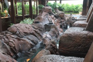 Notice the water feature on the masculine side has jagged edges and sides and the water moves more aggressively. 