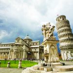 The leaning tower of Pisa stands precariously upright